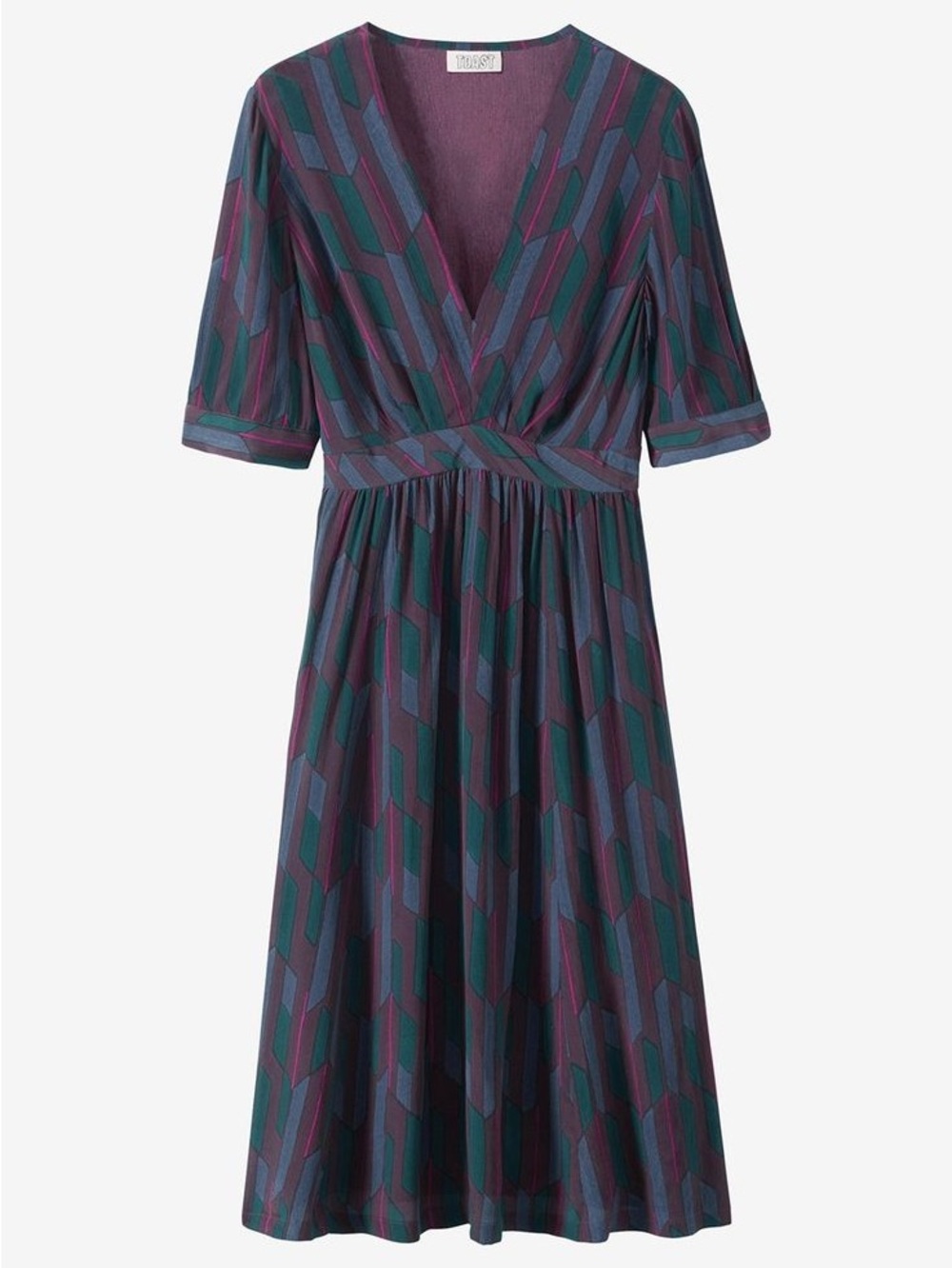 TOAST Burgundy V-Neck Geometric Midi Dress with Pink & Green Accents